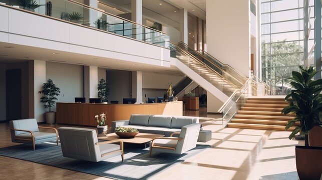 Modern Corporate Office Reception Lobby Without People Bright Environment. Copy Space For Text.