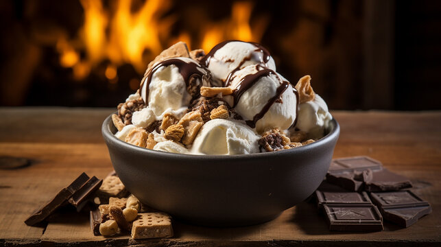 rocky road ice cream at a cozy mountain lodge on wooden table