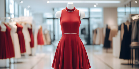 classic evening dress in red colors on a mannequin in a minimalist style. 