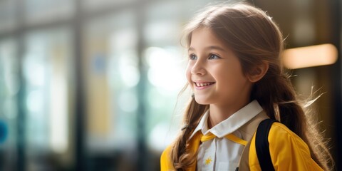 Little  schoolgirl with a bright smile - obrazy, fototapety, plakaty