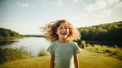A happy little girl is laughing with joy on the background of a lake in summer. Concept of happiness, parenting, summertime and childhood - obrazy, fototapety, plakaty