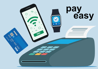 Contactless Payment with Phone, Watch or Plastic Card. Bank Terminal.