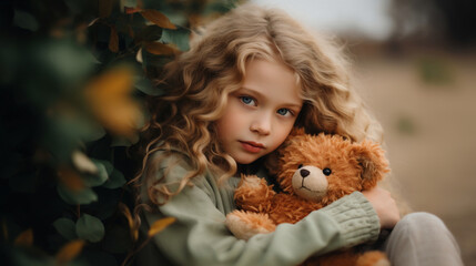 A little girl with blue eyes and curly hair is looking at the camera and hugging a toy teddy bear in the garden. Concept of childhood, love, orphanage and care concept.