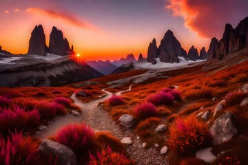Alpine mountains at colorful sunset in autumn in Tre Cime, Dolomites, Italy. Colorful landscape with rocks and stones, trail, orange grass, purple sky with pink clouds at twilight in fall. Nature - obrazy, fototapety, plakaty