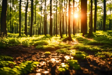 Close up spring nature landscape. Ground forest on sunset, summer background. Blurred nature background copy space. Park low focus depth. Ecology environment. Ground in the nature park during spring.