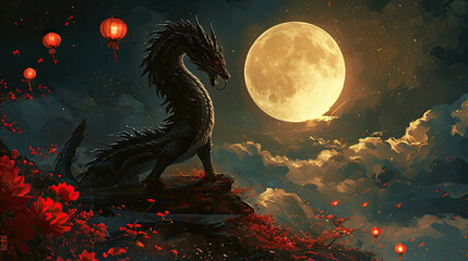 Illustration of a black dragon standing on hill in black night in front of full moon surrounded red flowers and lanterns. Chinese characters