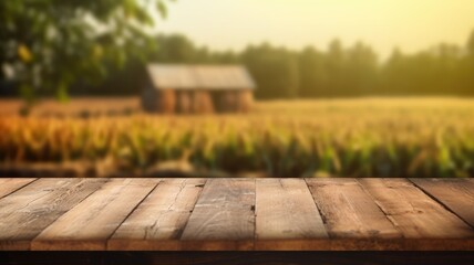 The empty wooden brown table top with blur background of farm and barn. Exuberant image. generative AI