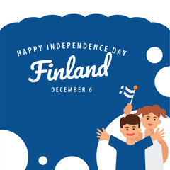 Finland independence day vector illustration with a boy and his mom waving the national flag.