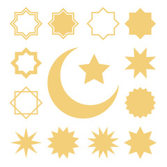 Islamic crescent and stars symbol icon set. Ramadan celebration geometric design elements. Muslim template vector illustration