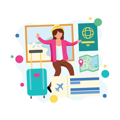 Illustration of a girl doing a vacation. Happy holiday illustration with a suitcase, a flight ticket, a map, a passport and a poster containing beautiful beach scenery. Illustration for tourism.