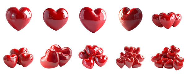 Set of hearts in velentine theme 3d without backoground png for decoration. Created using generative AI.