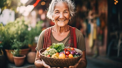 Smiling mature woman holding a colorful and delicious buddha bowl in her hands - obrazy, fototapety, plakaty
