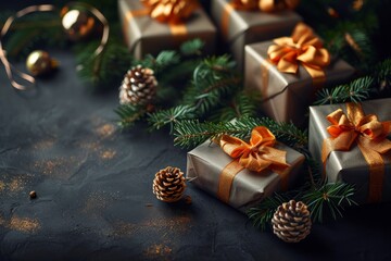 Fototapeta na wymiar Christmas gifts and decorations on a dark background
