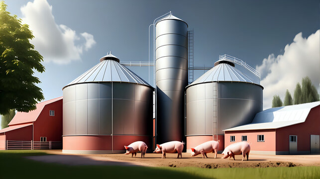 Modern pig farm building with silo in the village. production of pork. Realistic photo