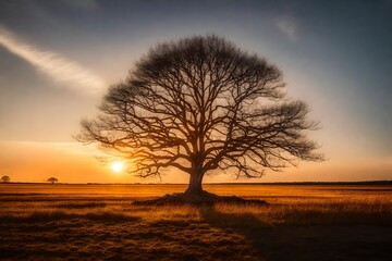 A majestic lone tree stands in an open field with the setting sun casting its fiery glow through the branches. - Powered by Adobe