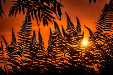 Silhouettes of fern leaves against a sky painted with the warm hues of sunset.