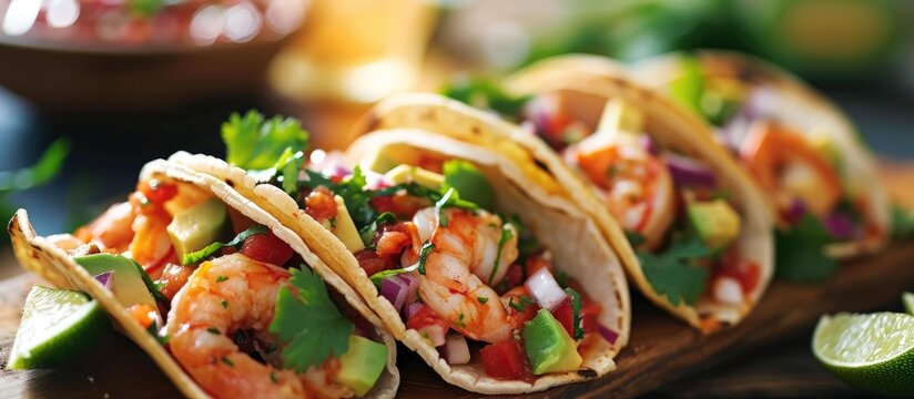 Mexican cuisine: Shrimp tacos with salsa, veggies, and avocado.