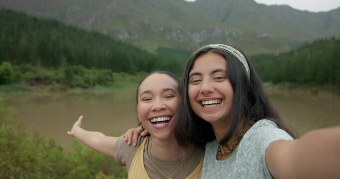 Happy woman, friends and selfie in nature for social media, picture or vlog with natural scenery. Female person or people smile in photograph, capture or moment together on outdoor adventure in woods