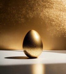 Gold Easter egg isolated on a gold background. Minimal Easter holiday concept. Wide screen wallpaper. Panoramic web banner with copy space for design.
