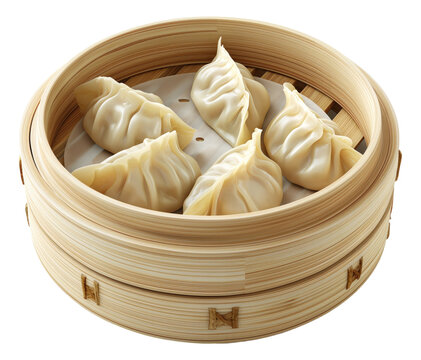 Chinese dumplings in bamboo steamer isolated.