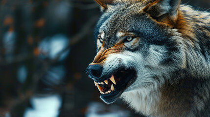 Portrait of a wolf in the woods. Close-up.