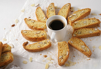 Cantucci and coffee. Italian double baked cookies (biscotti) and a cup of morning coffee