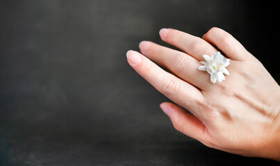 A single white jasmine or Arabian jasmine on a female hand in dark background with copy space for...