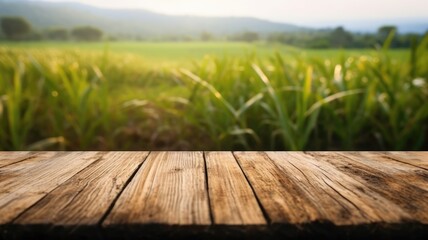 The empty wooden brown table top with blur background of sugarcane plantation. Exuberant image....
