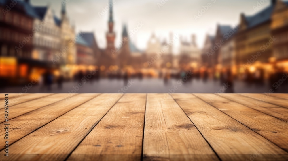 Poster the empty wooden table top with blur background of town square. exuberant image. generative ai