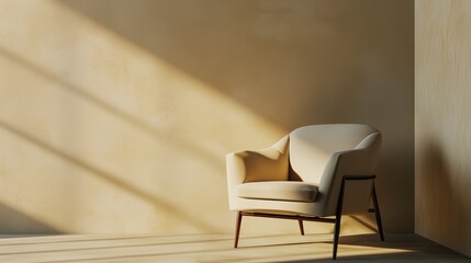 Modern armchair sits in the center of a minimalist interior living room, against a backdrop of an empty cream-colored wall