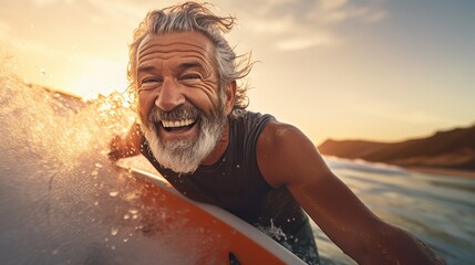 Happy fit senior having fun surfing at sunset time - Sporty bearded man training with surfboard on the beach. Image of senior so happy to play - obrazy, fototapety, plakaty