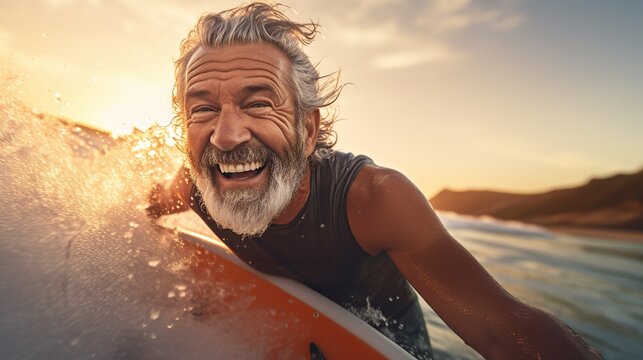 Happy fit senior having fun surfing at sunset time - Sporty bearded man training with surfboard on the beach. Image of senior so happy to play