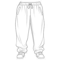 No one in the pants. A silhouette of sweatpants. A drawing of slacks on the white background, isolated. Baggy, loose pants. Sports trousers. Casual look. Sketch. Fit of pants