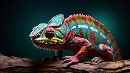 Photo a colorful chameleon with a red and blue face sits on a branch, generative ai
