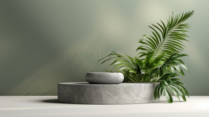 Luxury stone as podium with natural plant made of display. Natural showcase scene for presentation placement premium product trendy fashion, cosmetic or beauty promotion. Generative AI