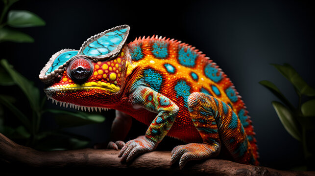 Photo a colorful chameleon with a red and blue face sits on a branch, generative ai