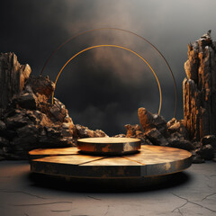 Luxury black gold stone as podium made of natural display. Futuristic Natural showcase scene for presentation placement premium product trendy fashion, cosmetic or beauty promotion. Generative AI