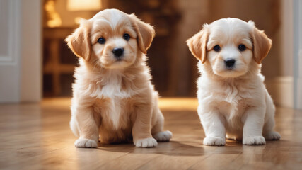 Two golden puppies on the floor in home sitting,Golden Retriever Puppy,cute dogs puppies running around,