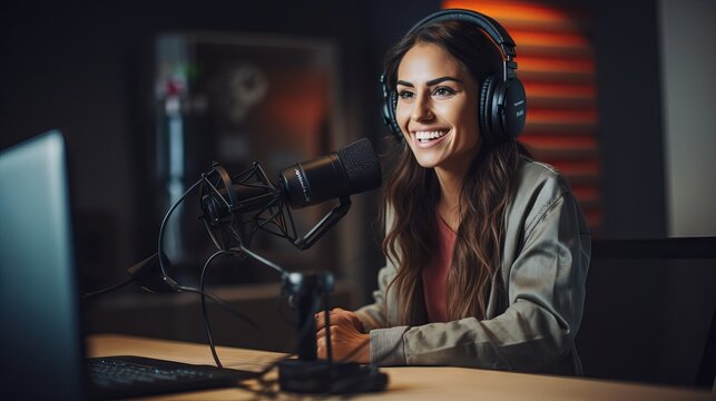 Female podcaster recording audio content in her cozy home studio with microphone and laptop