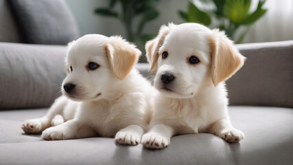 A close up shot two white puppies,golden retriever puppy sitting big and small watching with background,Two golden puppies on the floor in home sitting,Golden Retriever Puppy,cute dogs puppies running