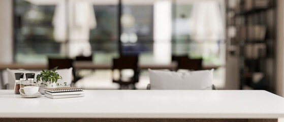 Close-up image of a copy space to display your product on a white table in a modern room.