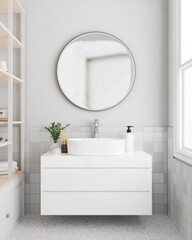 A modern white bathroom with a circle mirror on the white wall, a modern white bathroom sanity sink.