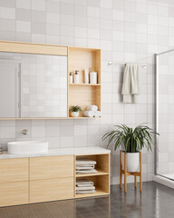 A modern, minimal bathroom with a minimal wooden vanity sink and a mirror with cabinet. - obrazy, fototapety, plakaty