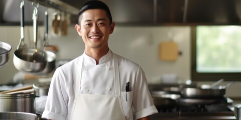 A passionate Asian male chef's smile exudes culinary expertise.