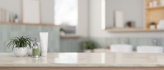 Copy space on a marble tabletop with toiletries set in a modern and clean bathroom.