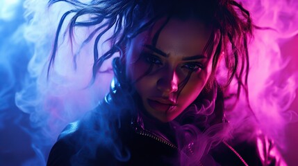 Portrait of Woman ,Cyberpunk Style , beautiful detailed face and gorgeous expressive , dynamic action pose amongst neon and smoke, studio light. High quality image.