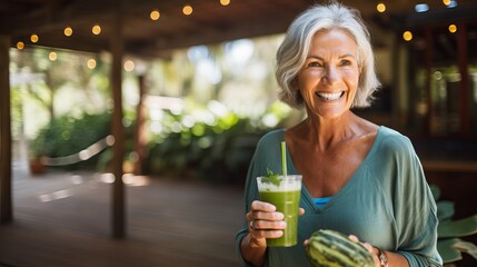 Senior woman enjoying a fresh green smoothie on a sunny day - Powered by Adobe