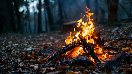 Bonfire in the autumn pine forest. dusk.generative ai
