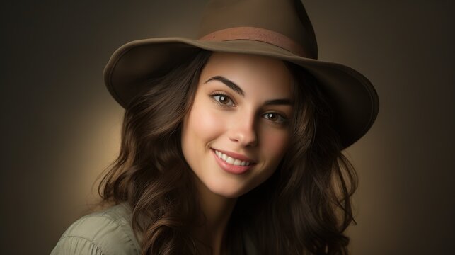 Portrait of young woman with hat smiling. Image of beautiful woman. High quality image.