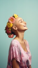 Cinematic scene Side view long shot Flower crown on bald head of european woman Smiling wearing colorful Tshirt